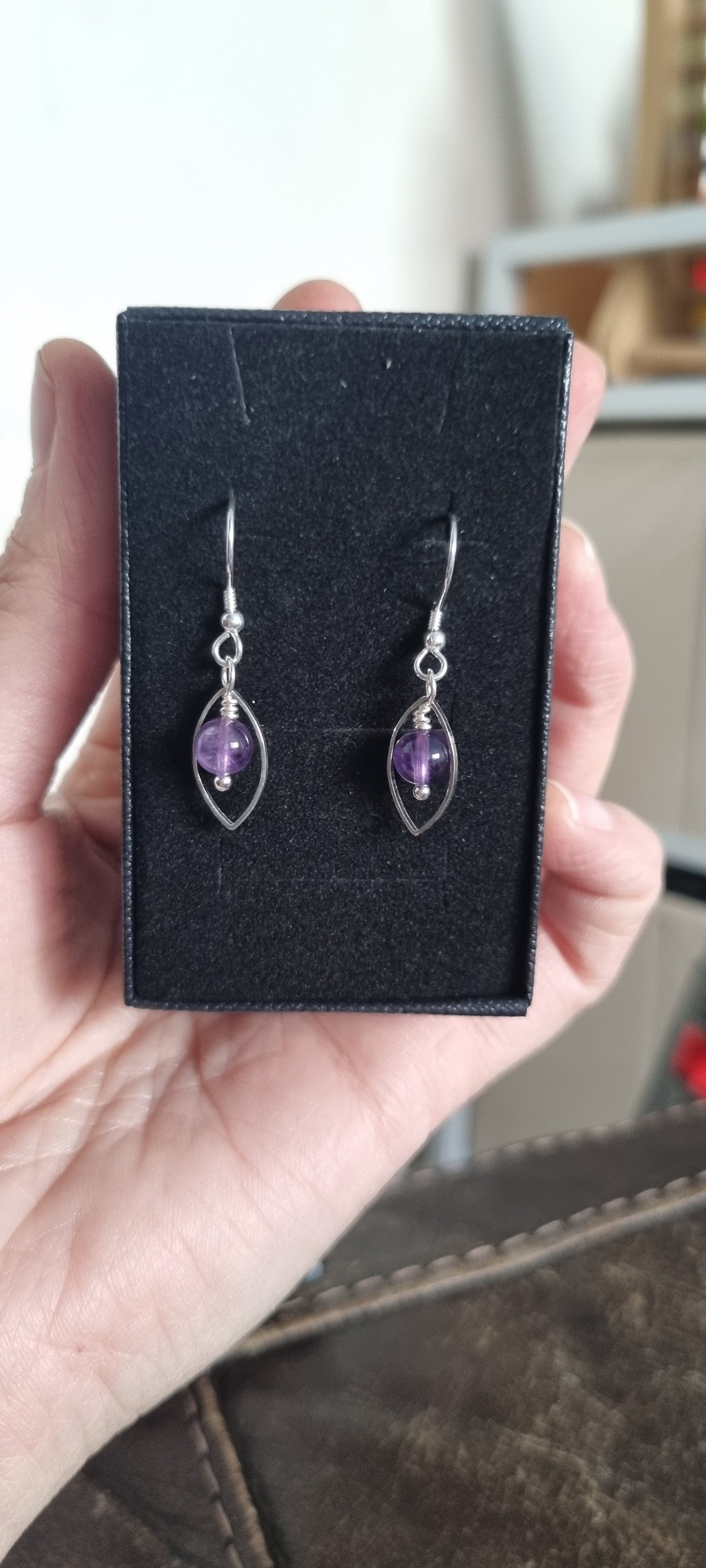 Amethyst and sterling silver leaf shaped earrings