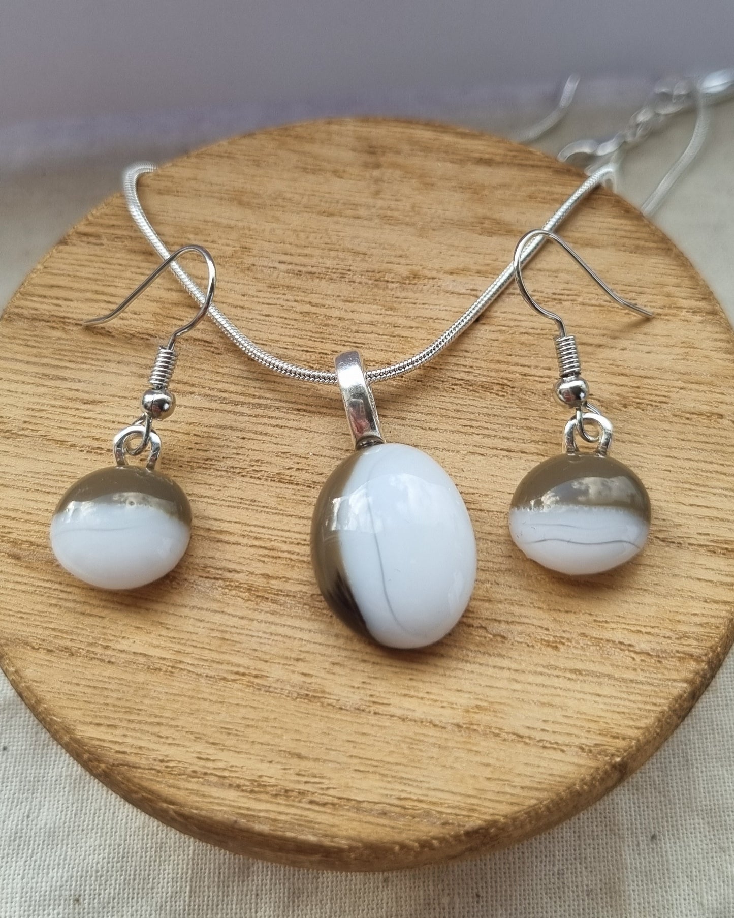 Brown and white, handmade glass pebble earrings