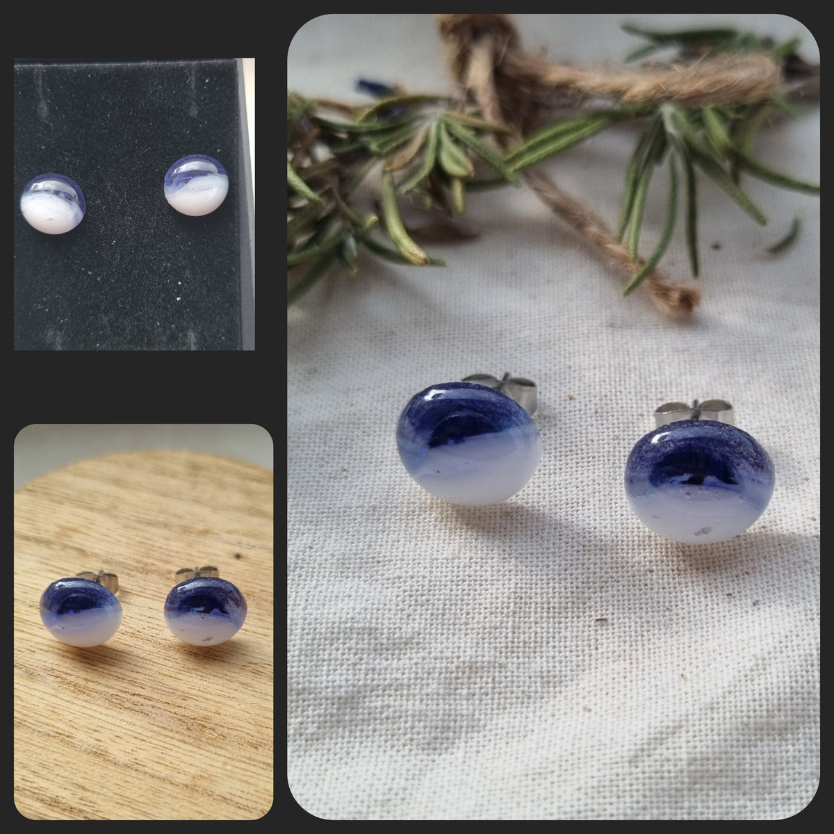 Handmade purple and white glass pebble stud earrings