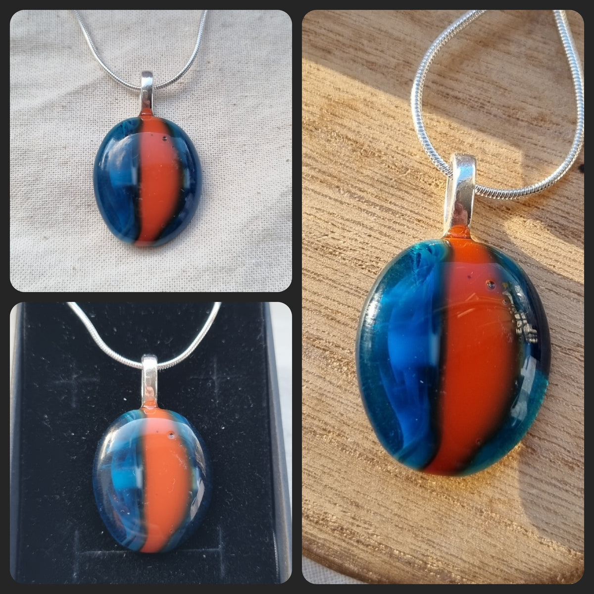 Handmade Blue and orange, glass pebble pendant