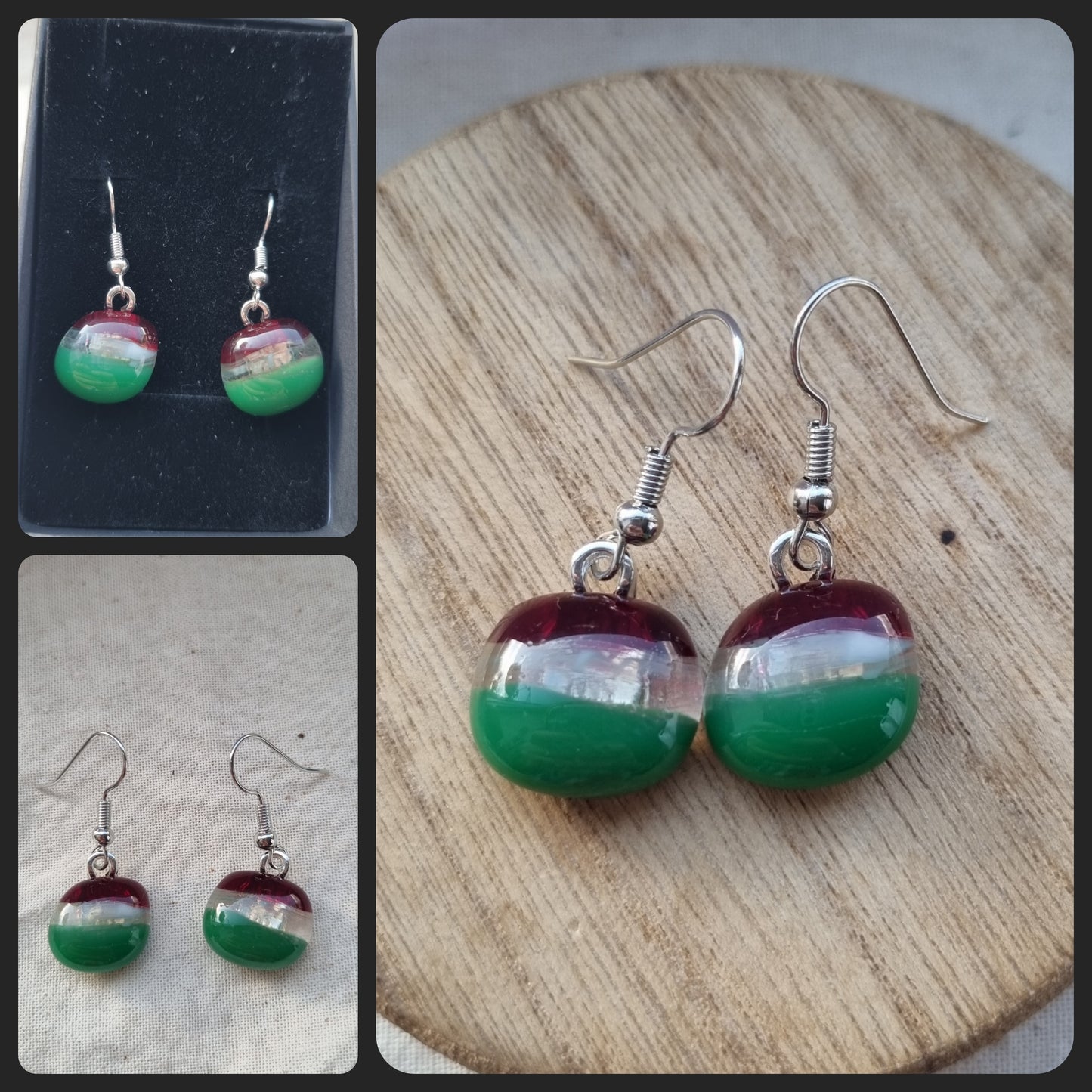 Red and green, handmade glass pebble earrings