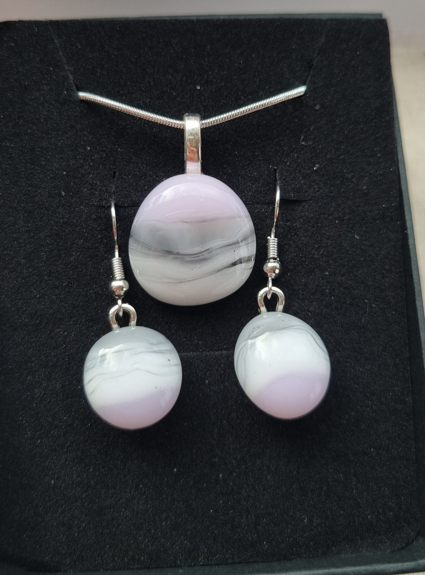 Handmade pink, grey and white glass pebble earrings