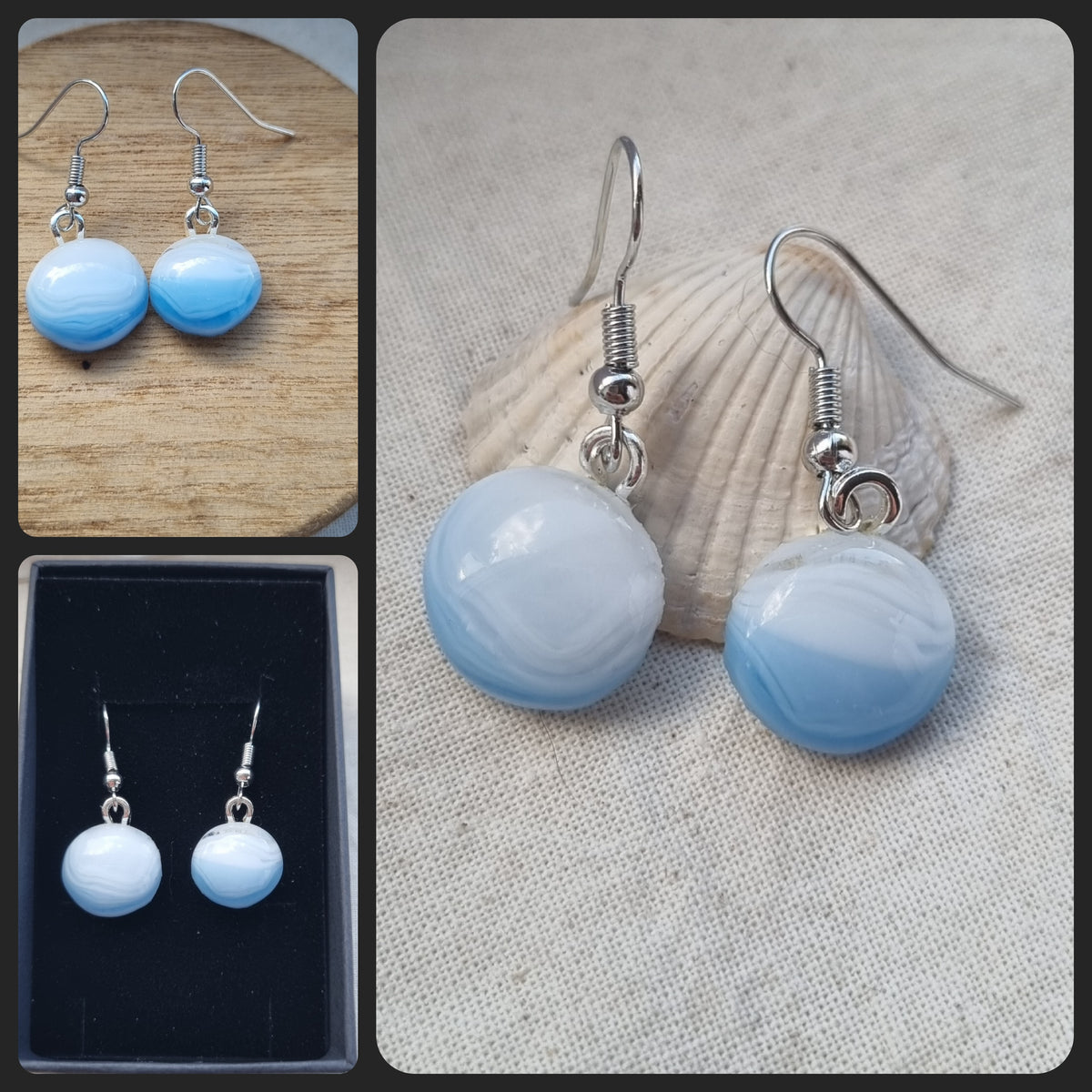 Handmade, White and blue glass pebble earrings