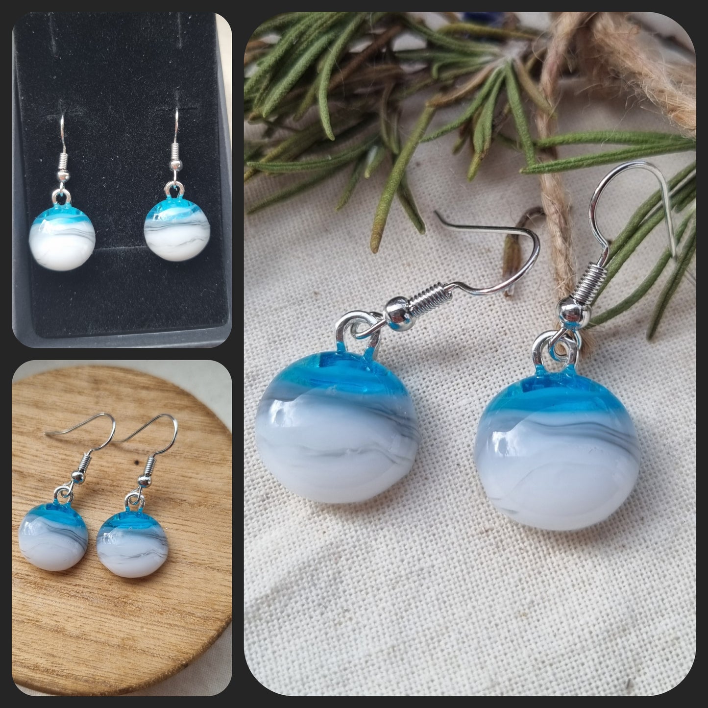 Blue, grey and white handmade glass pebble earrings.