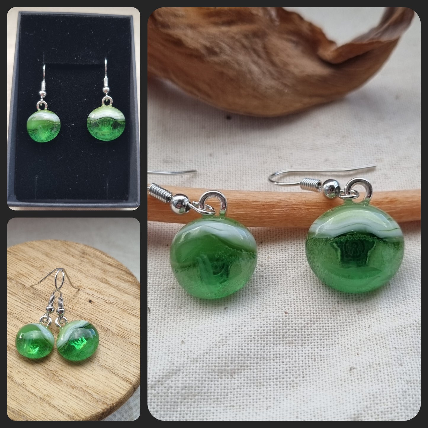 Green handmade glass pebble earrings