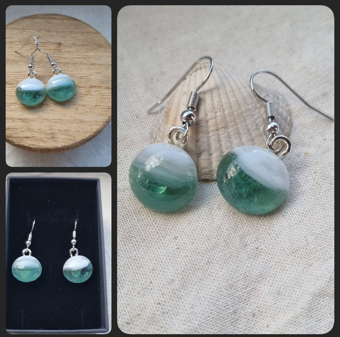 Green and white, handmade glass pebble, earrings