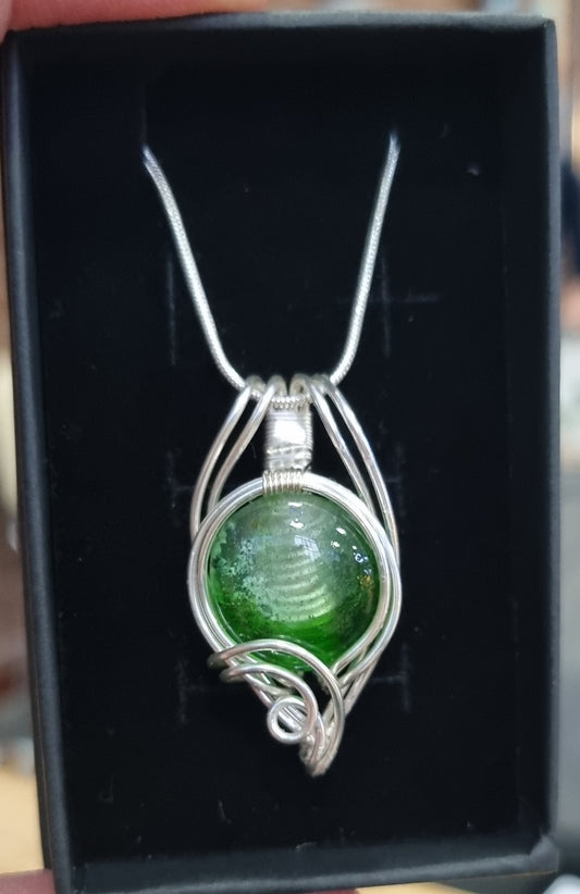 Fused glass pendant with wire wrap detail