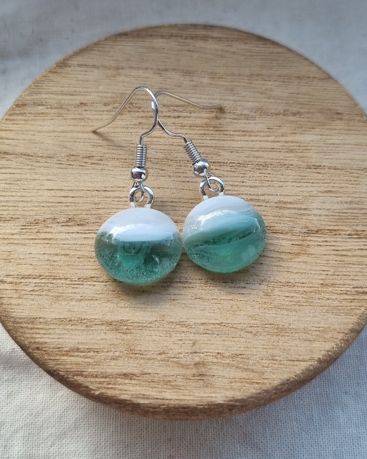 Green and white, handmade glass pebble, earrings