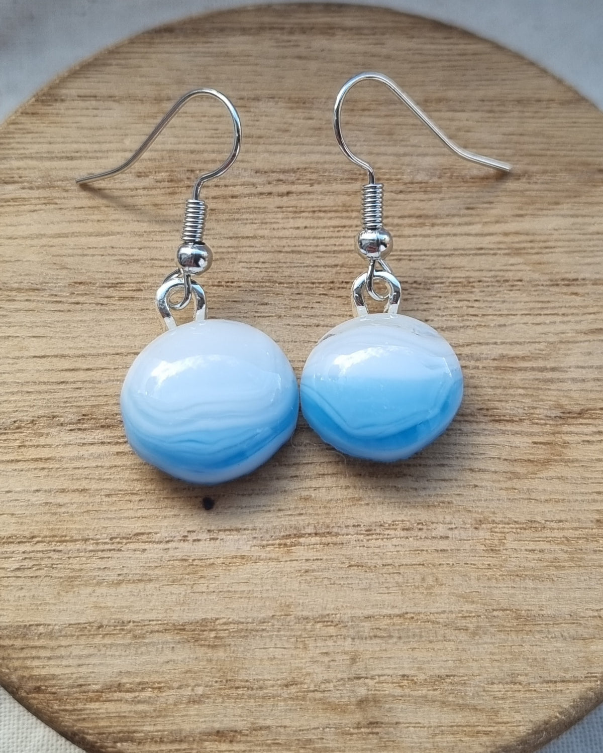 Handmade, White and blue glass pebble earrings