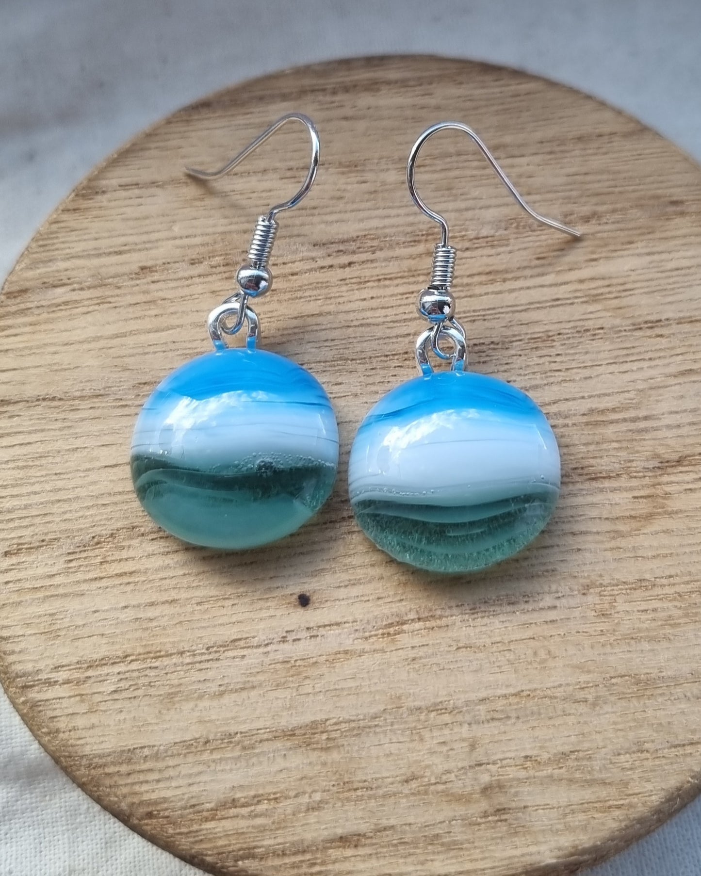 Ocean inspired, blue white and green, handmade glass pebble earrings
