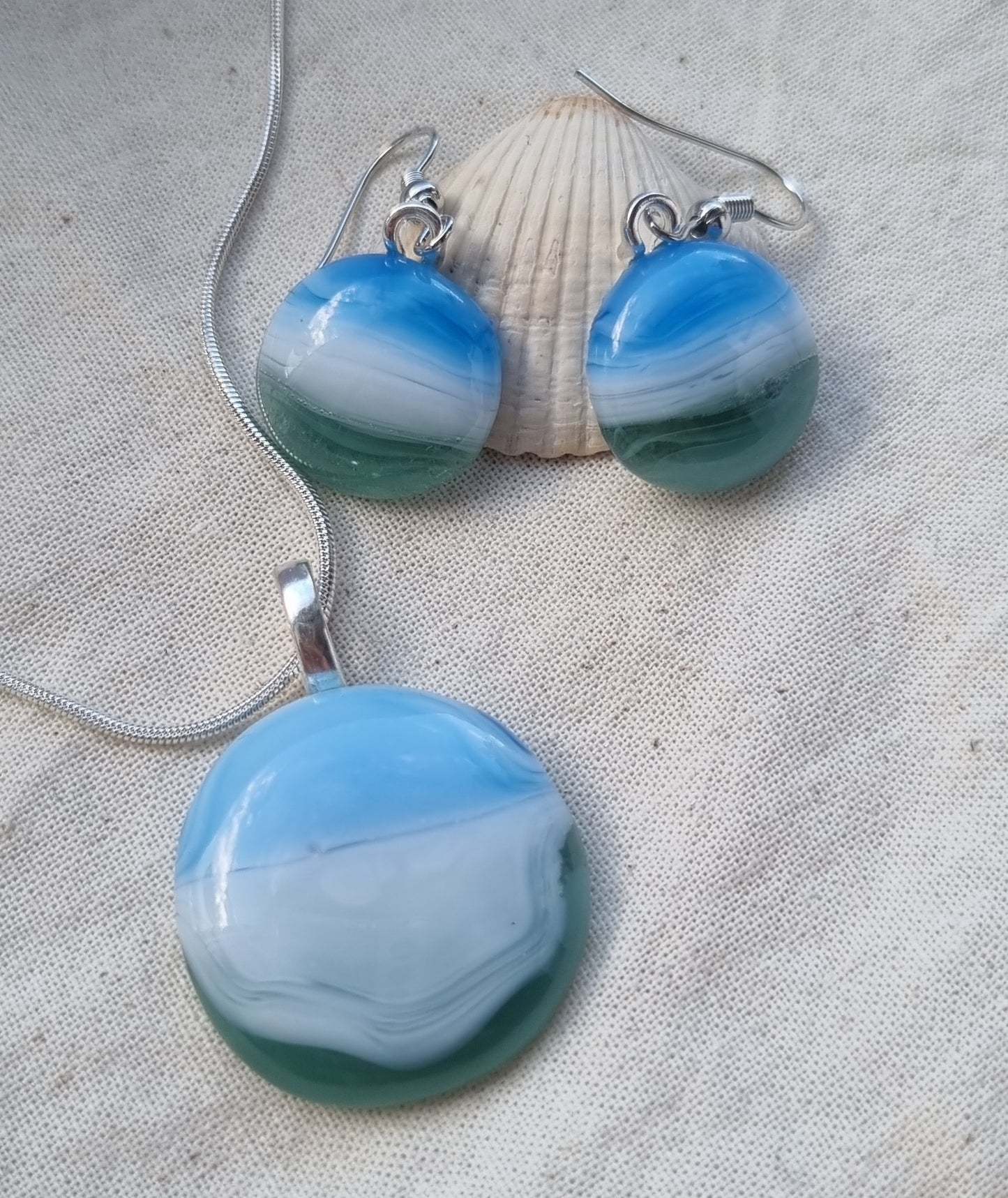 Ocean inspired, blue white and green, handmade glass pebble earrings