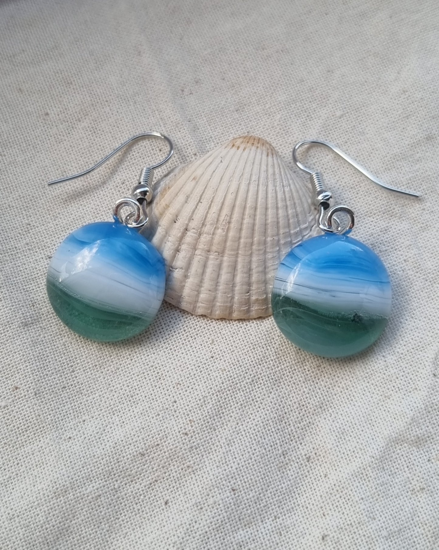 Ocean inspired, blue white and green, handmade glass pebble earrings