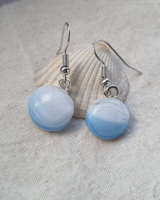 Handmade, White and blue glass pebble earrings