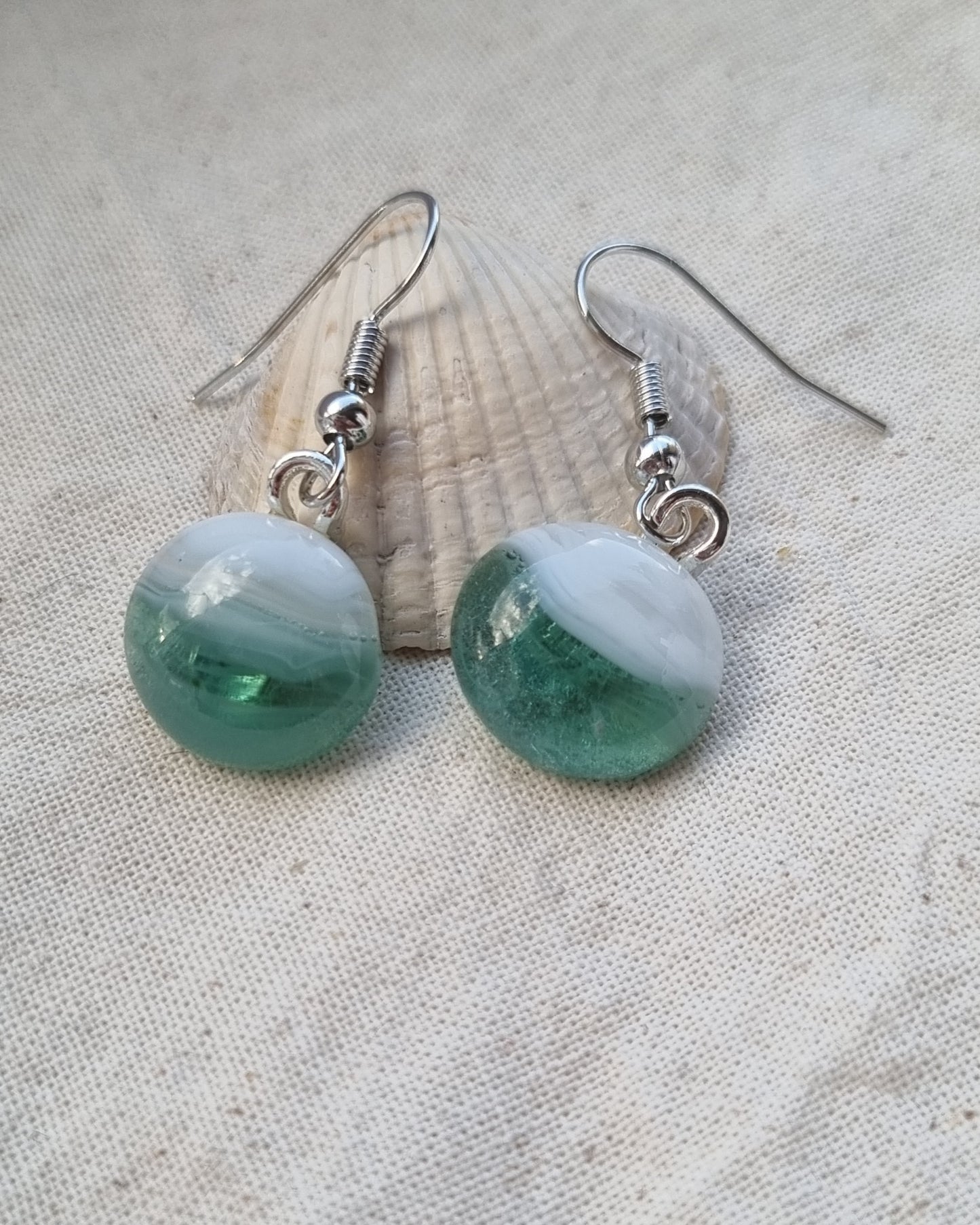 Green and white, handmade glass pebble, earrings