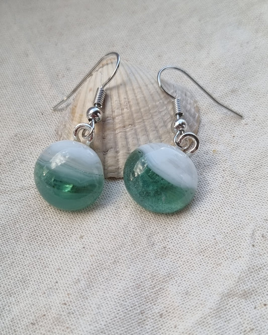 Green and white, handmade glass pebble, earrings