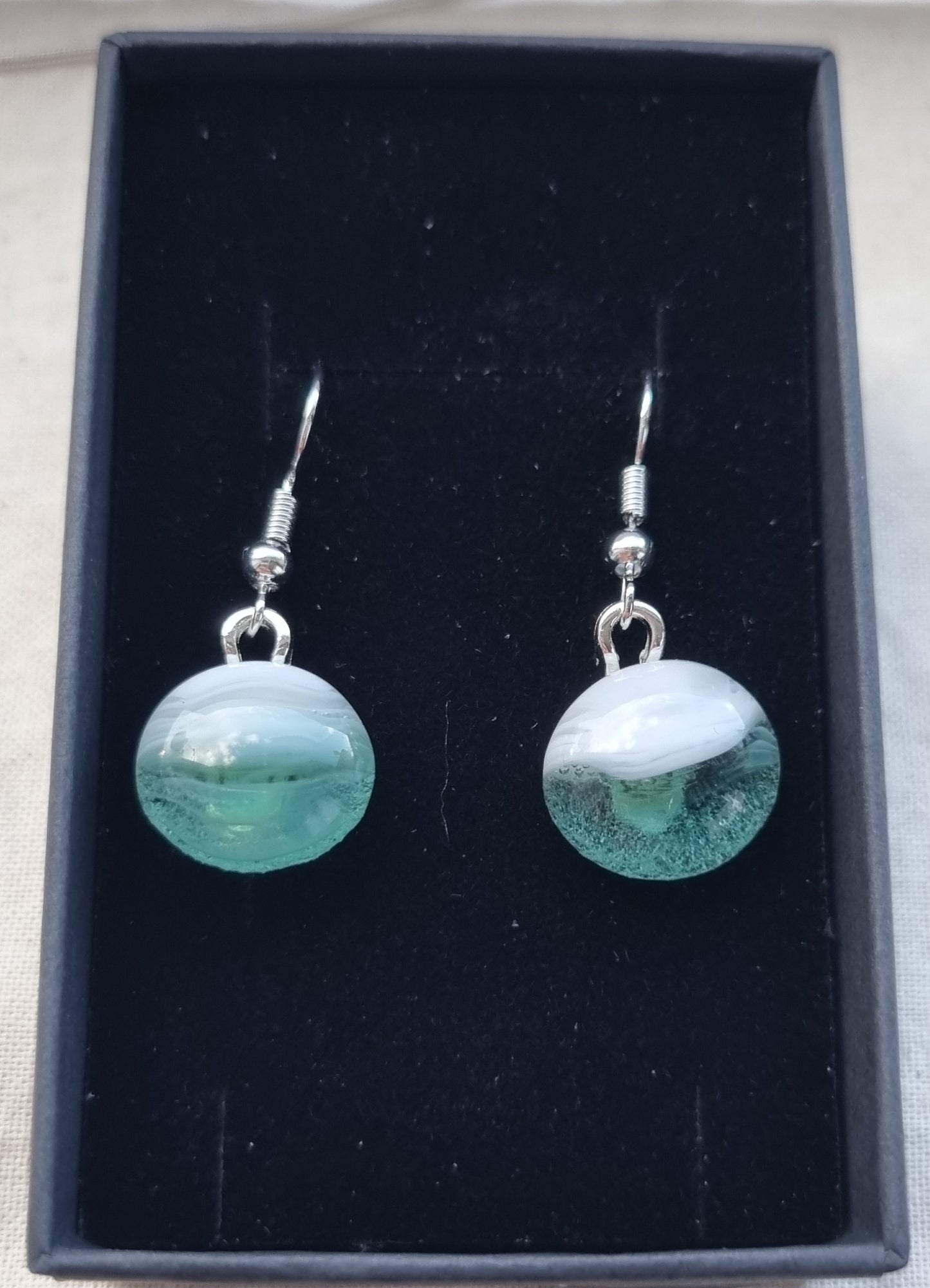 Green and white, handmade glass pebble, earrings