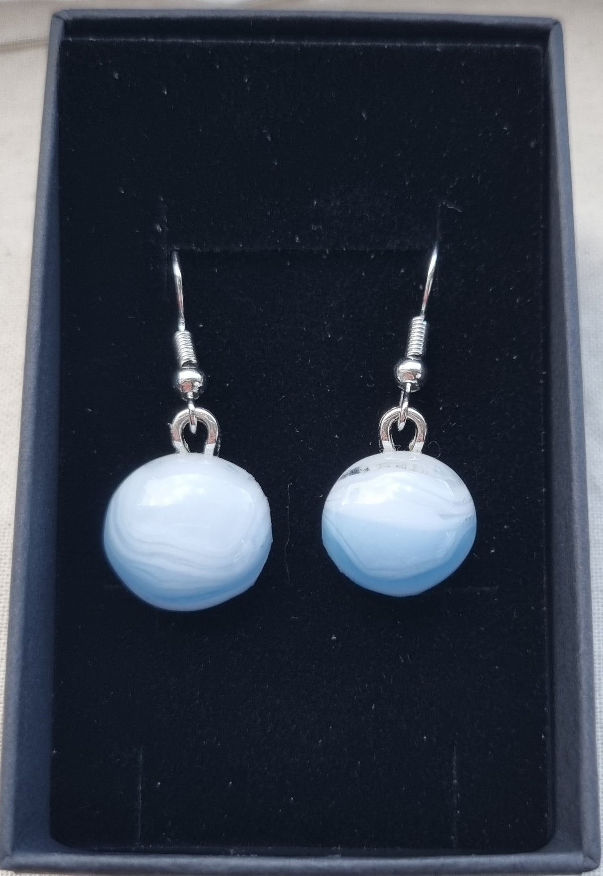 Handmade, White and blue glass pebble earrings