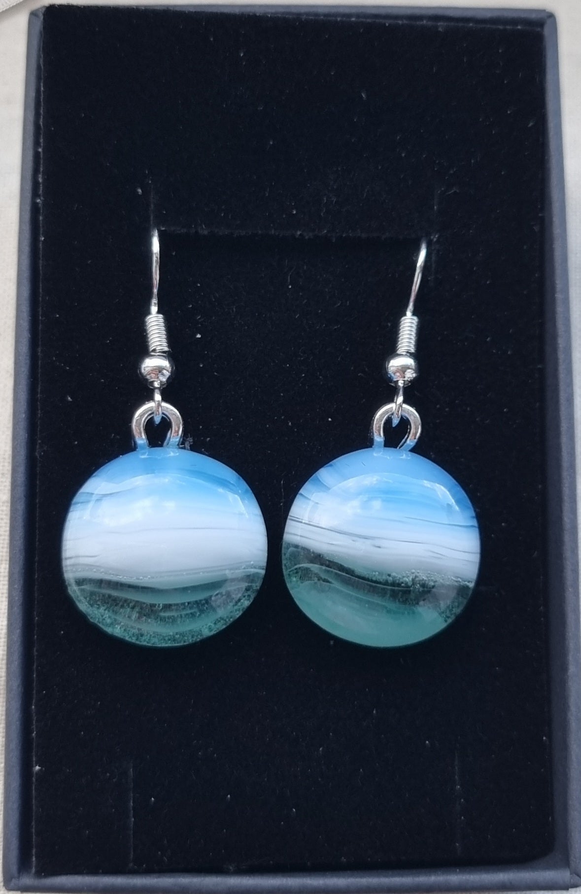 Ocean inspired, blue white and green, handmade glass pebble earrings
