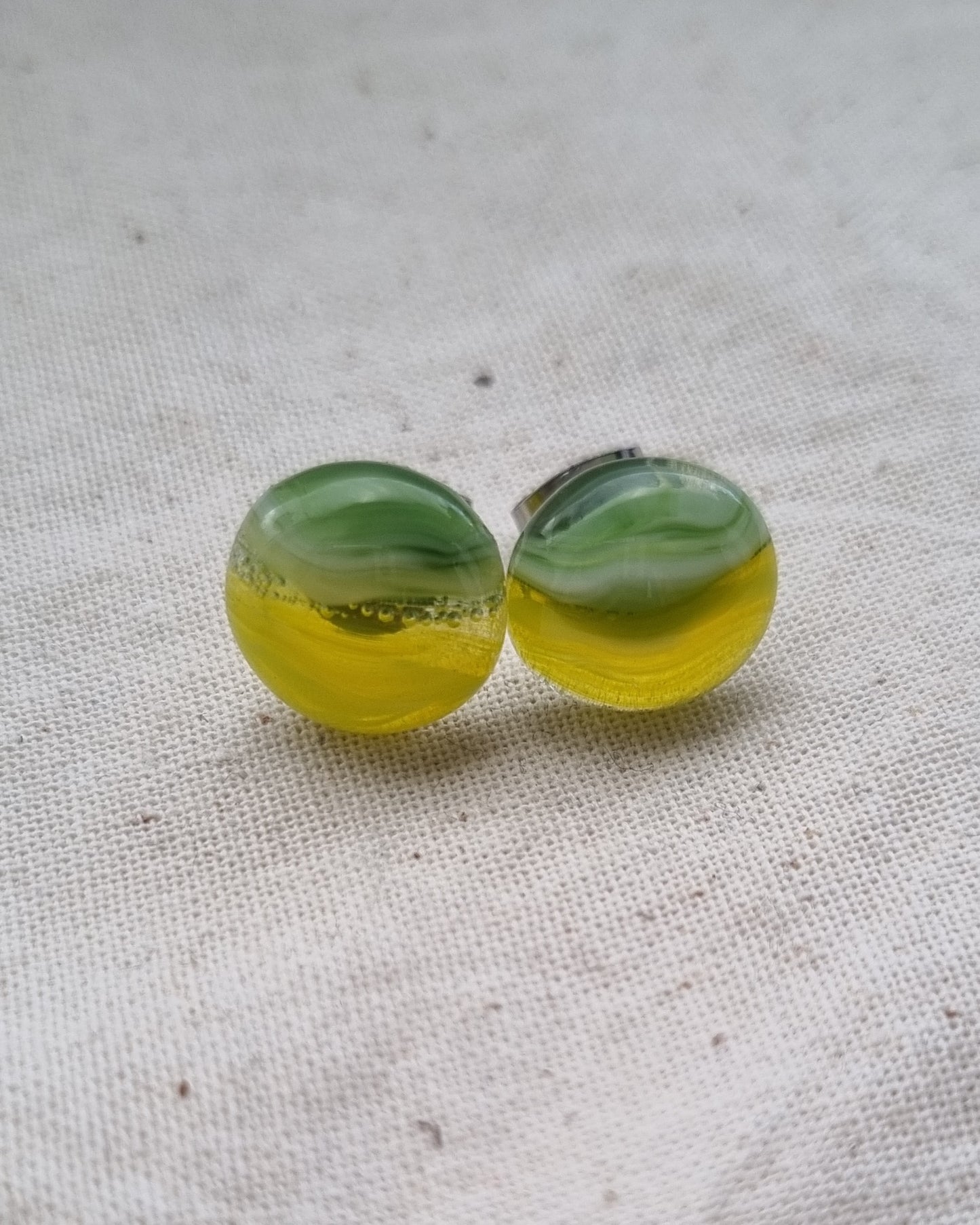 Green and yellow, handmade glass pebble, stud earrings