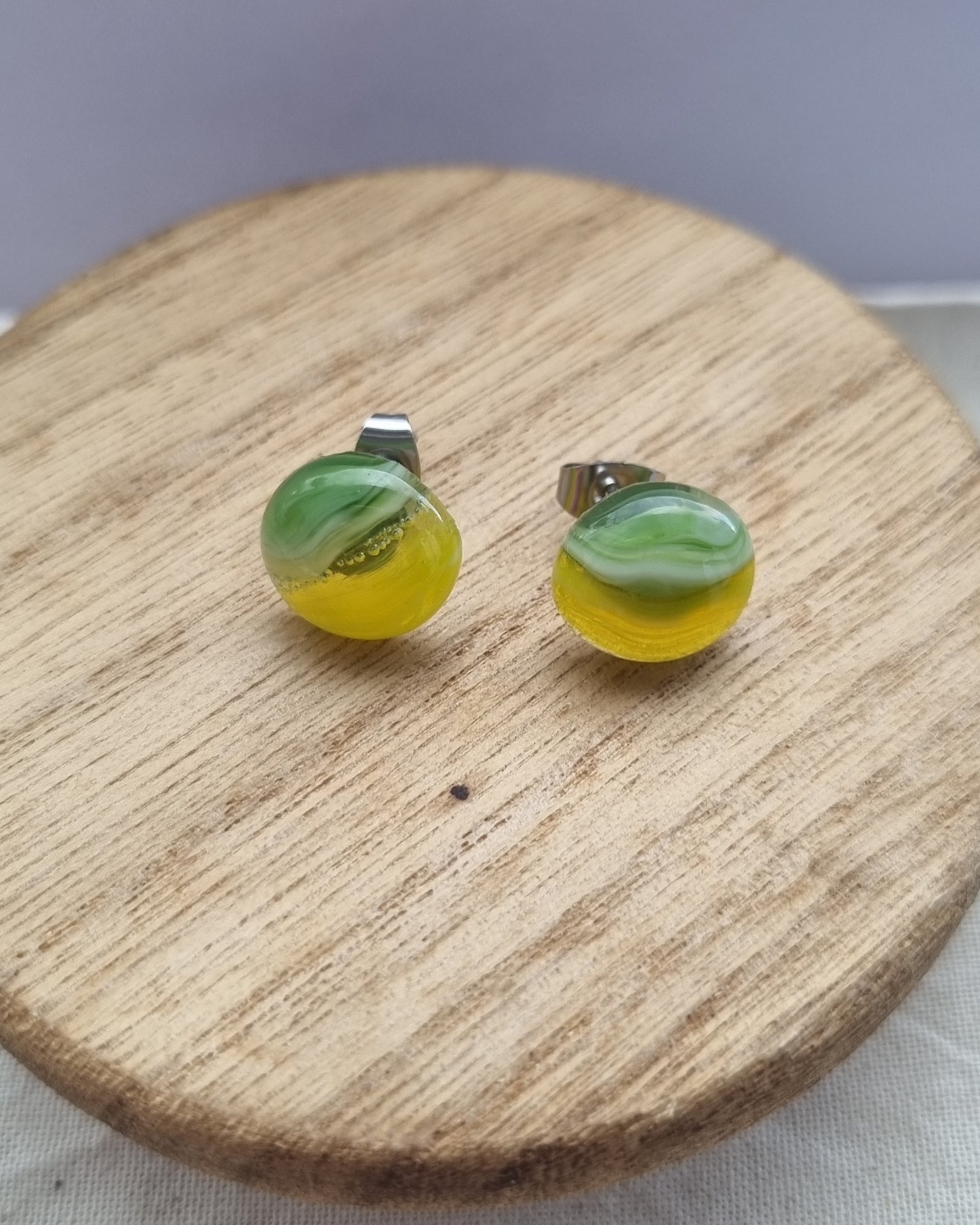 Green and yellow, handmade glass pebble, stud earrings