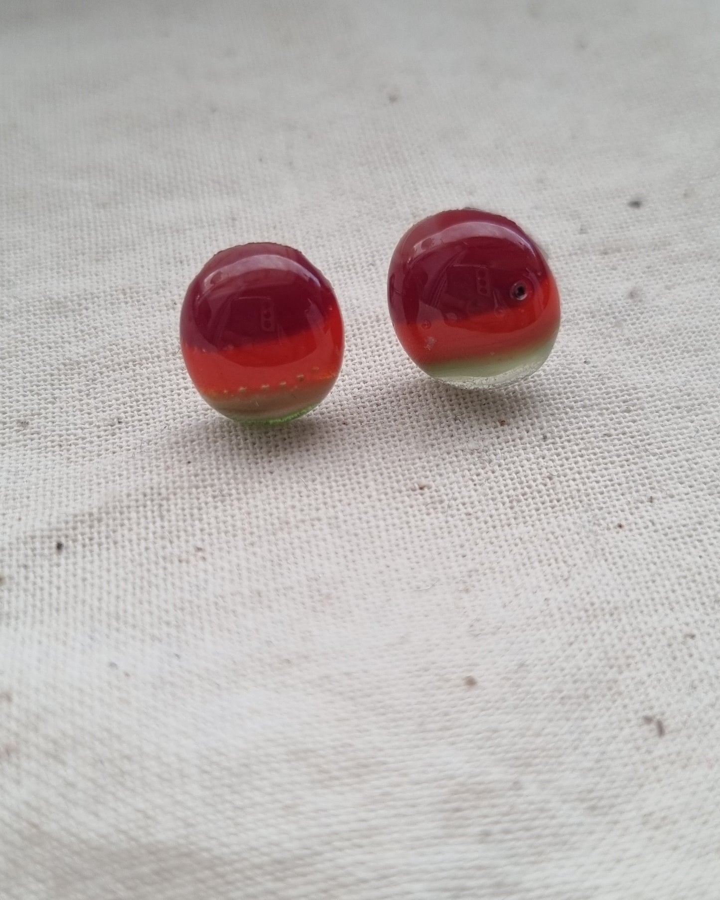 Autumn leaves, Green, orange and red, handmade, glass pebble stud earrings.