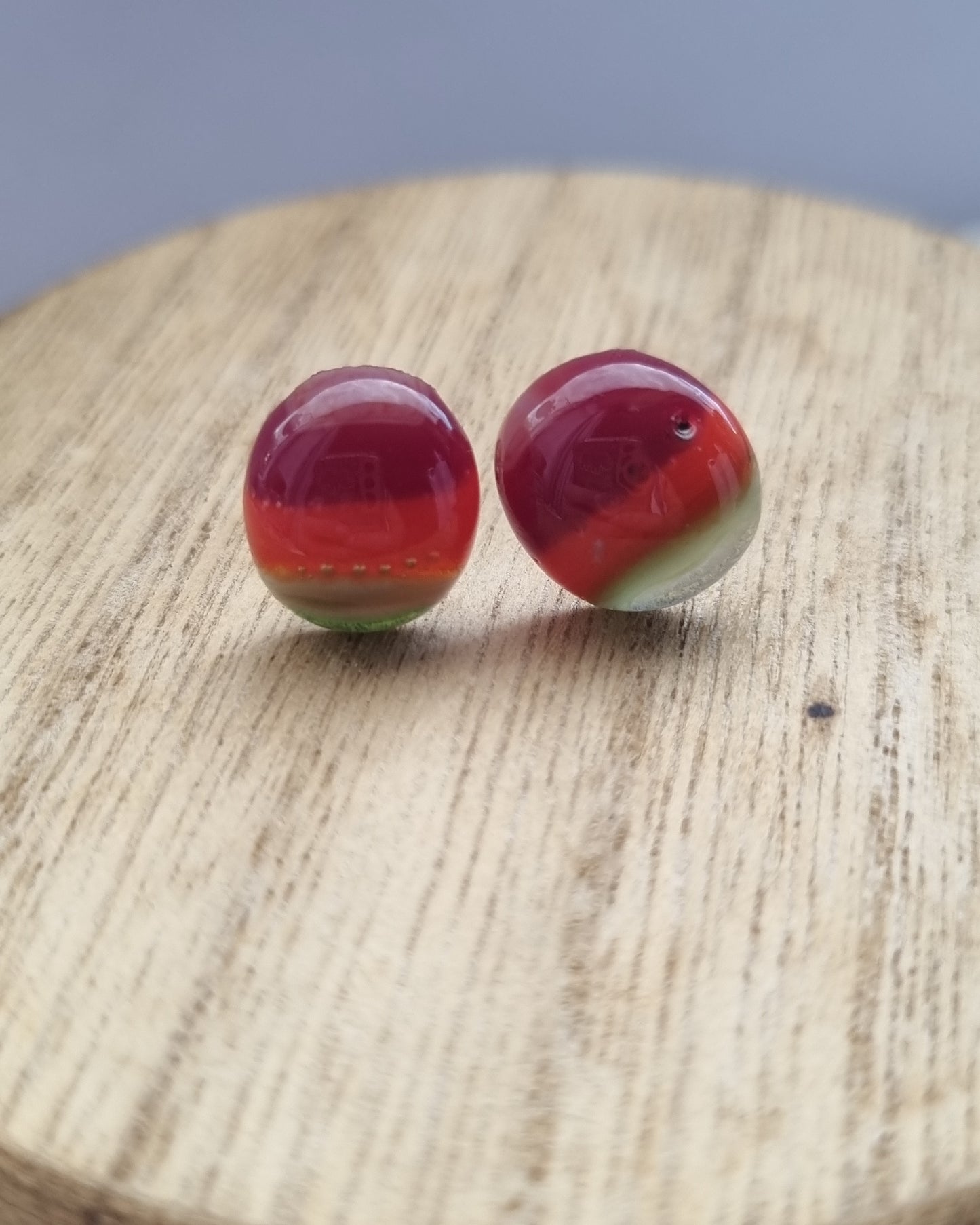 Autumn leaves, Green, orange and red, handmade, glass pebble stud earrings.