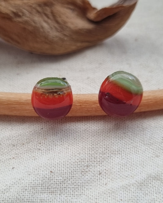 Autumn leaves, Green, orange and red, handmade, glass pebble stud earrings.