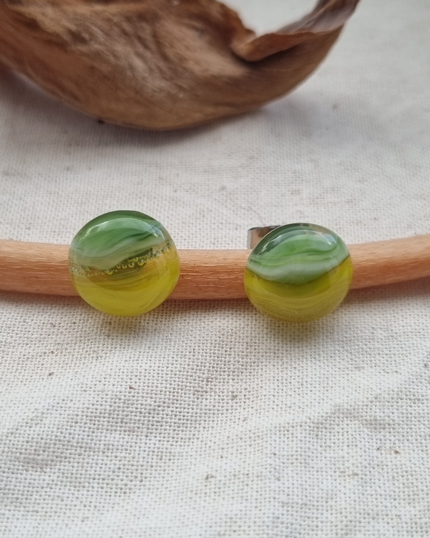Green and yellow, handmade glass pebble, stud earrings