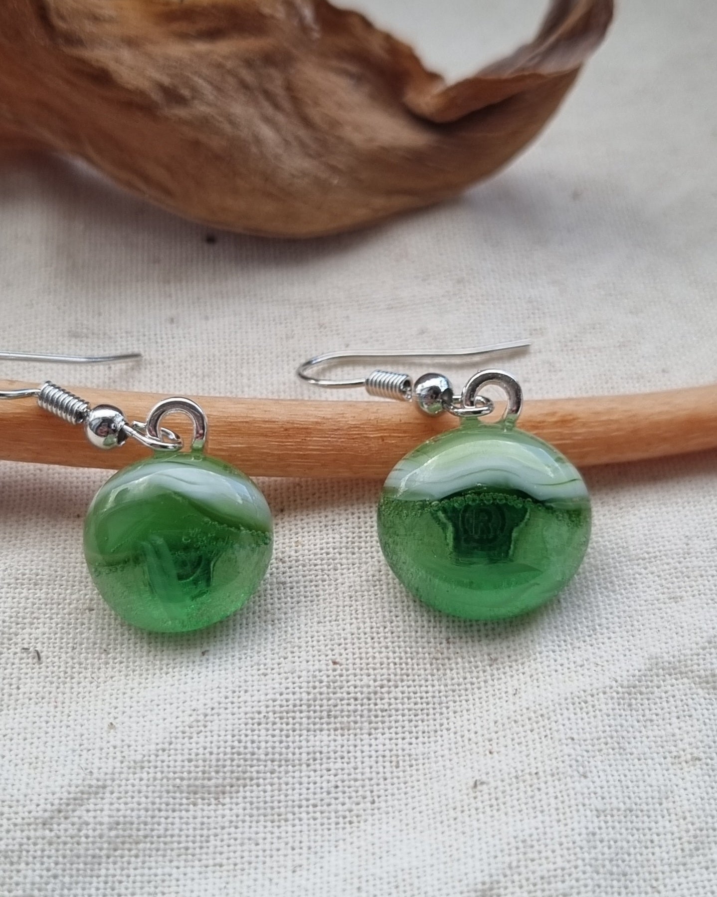 Green handmade glass pebble earrings