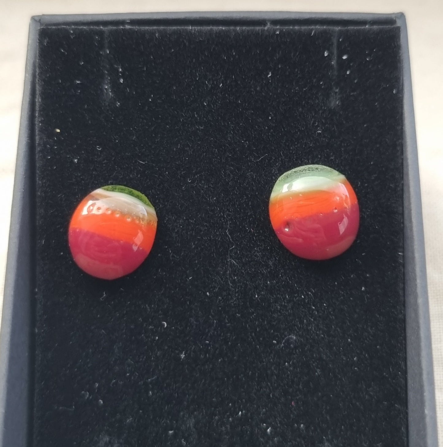 Autumn leaves, Green, orange and red, handmade, glass pebble stud earrings.