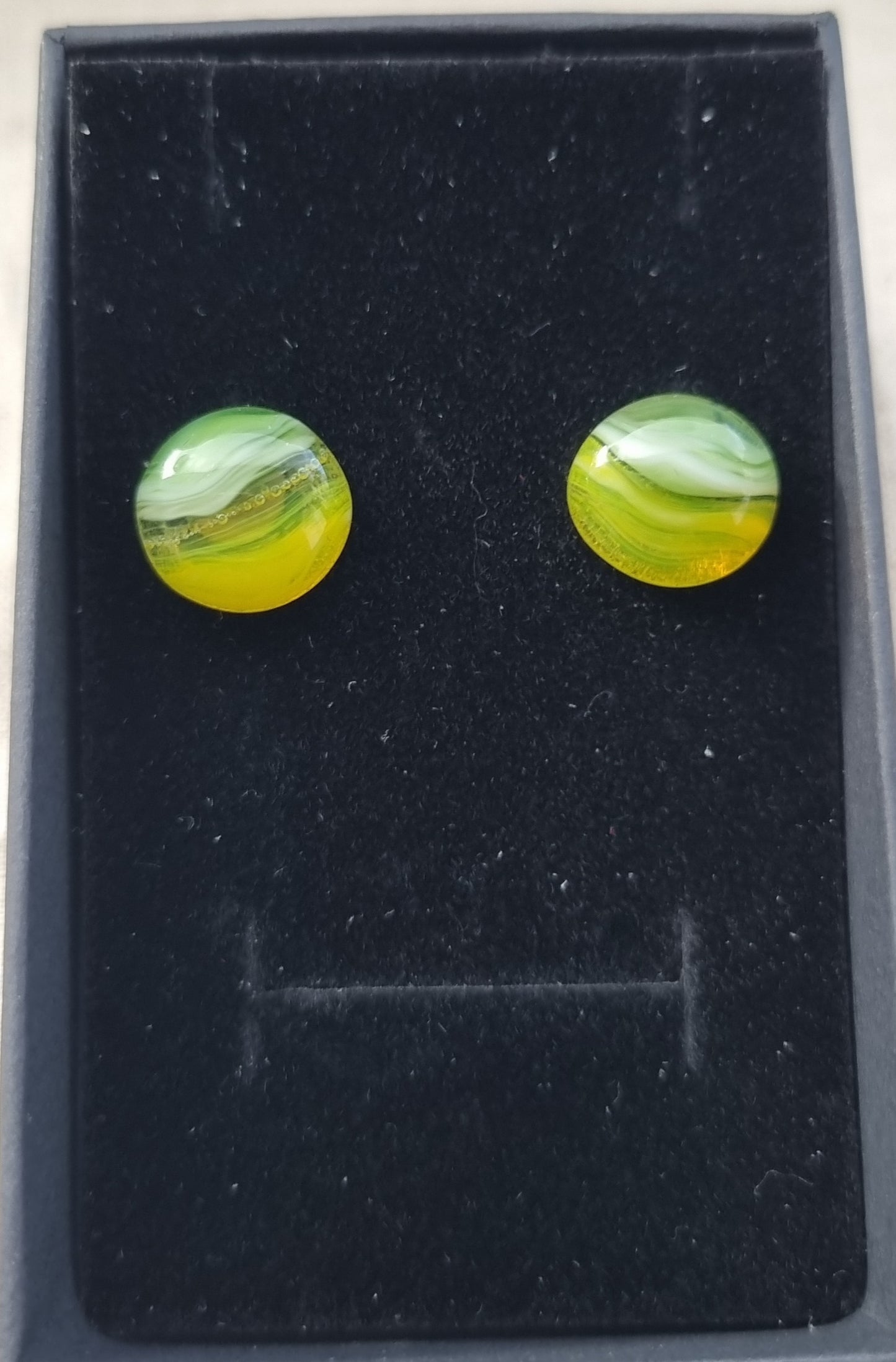 Green and yellow, handmade glass pebble, stud earrings