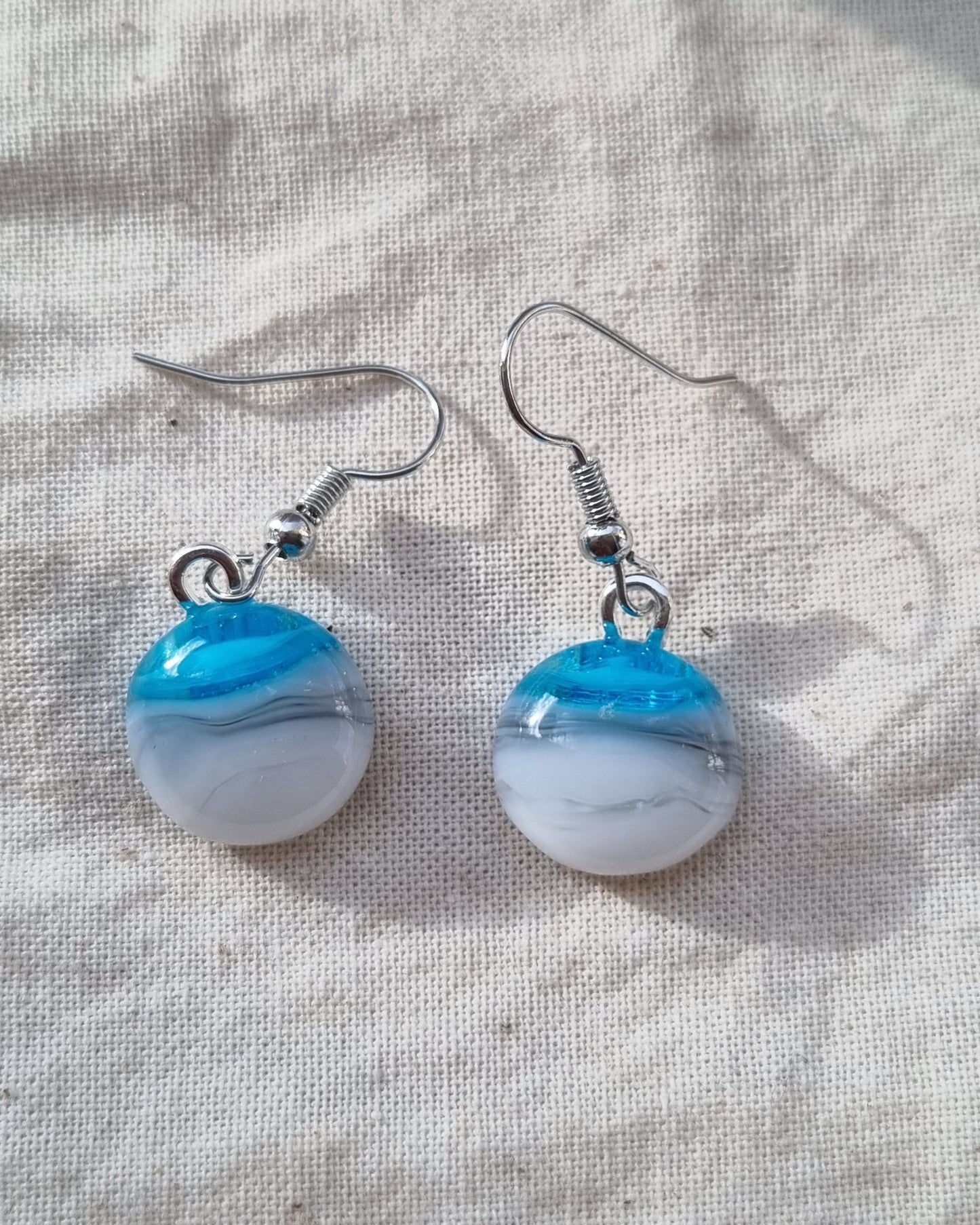 Blue, grey and white handmade glass pebble earrings.