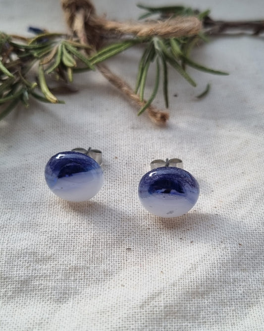 Handmade purple and white glass pebble stud earrings
