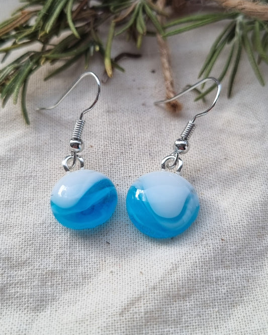Blue and white handmade glass pebble earrings
