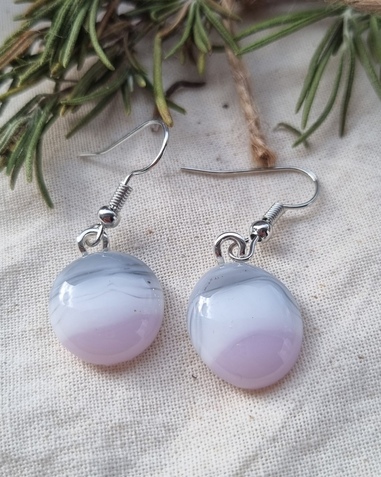 Handmade pink, grey and white glass pebble earrings