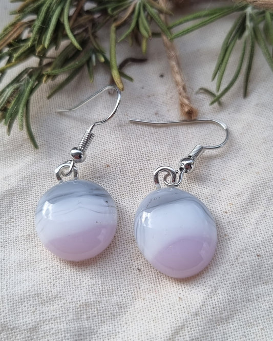 Handmade pink, grey and white glass pebble earrings