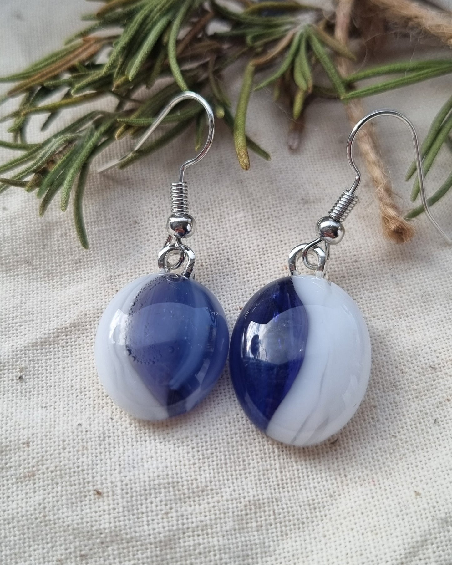 Handmade purple and white glass pebble earrings