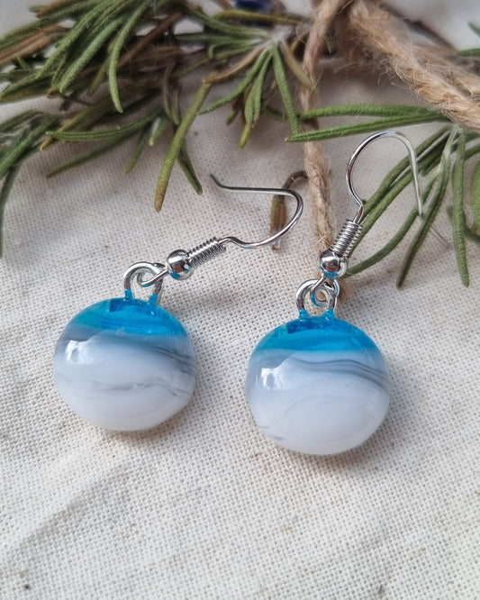 Blue, grey and white handmade glass pebble earrings.
