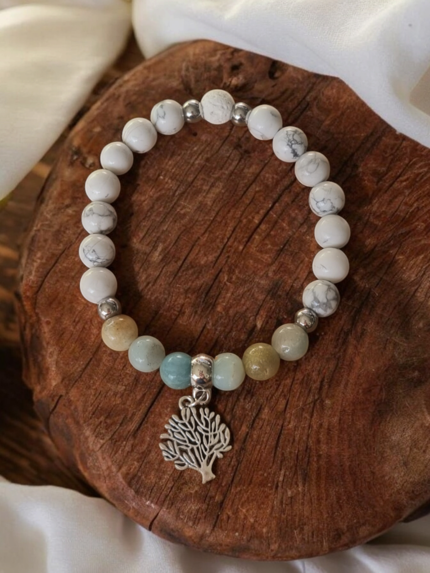 Handmade aromatherapy bracelet, with Amazonite, Howlite and lava stone, with tree of life charm