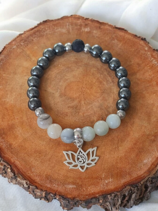 Handmade aromatherapy bracelet, with Amazonite, Hematite and lava stone, with lotus flower charm