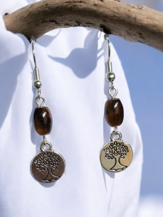 Tigers eye bead and tree of life charm earrings