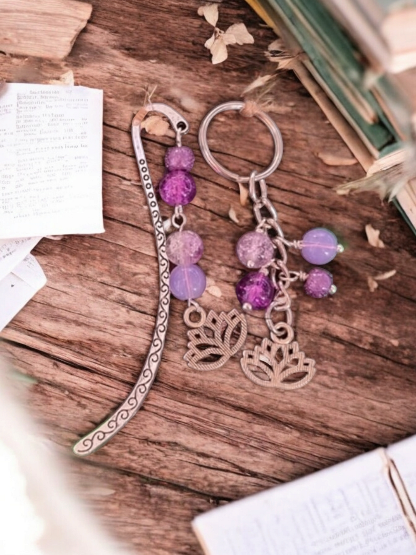 Handmade bookmark and keyring giftset, with lotus flower charm