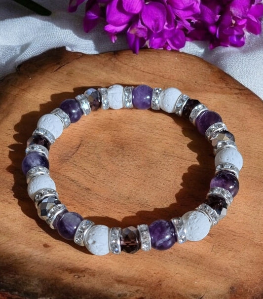 Amethyst, lava stone and purple glass bead bracelet