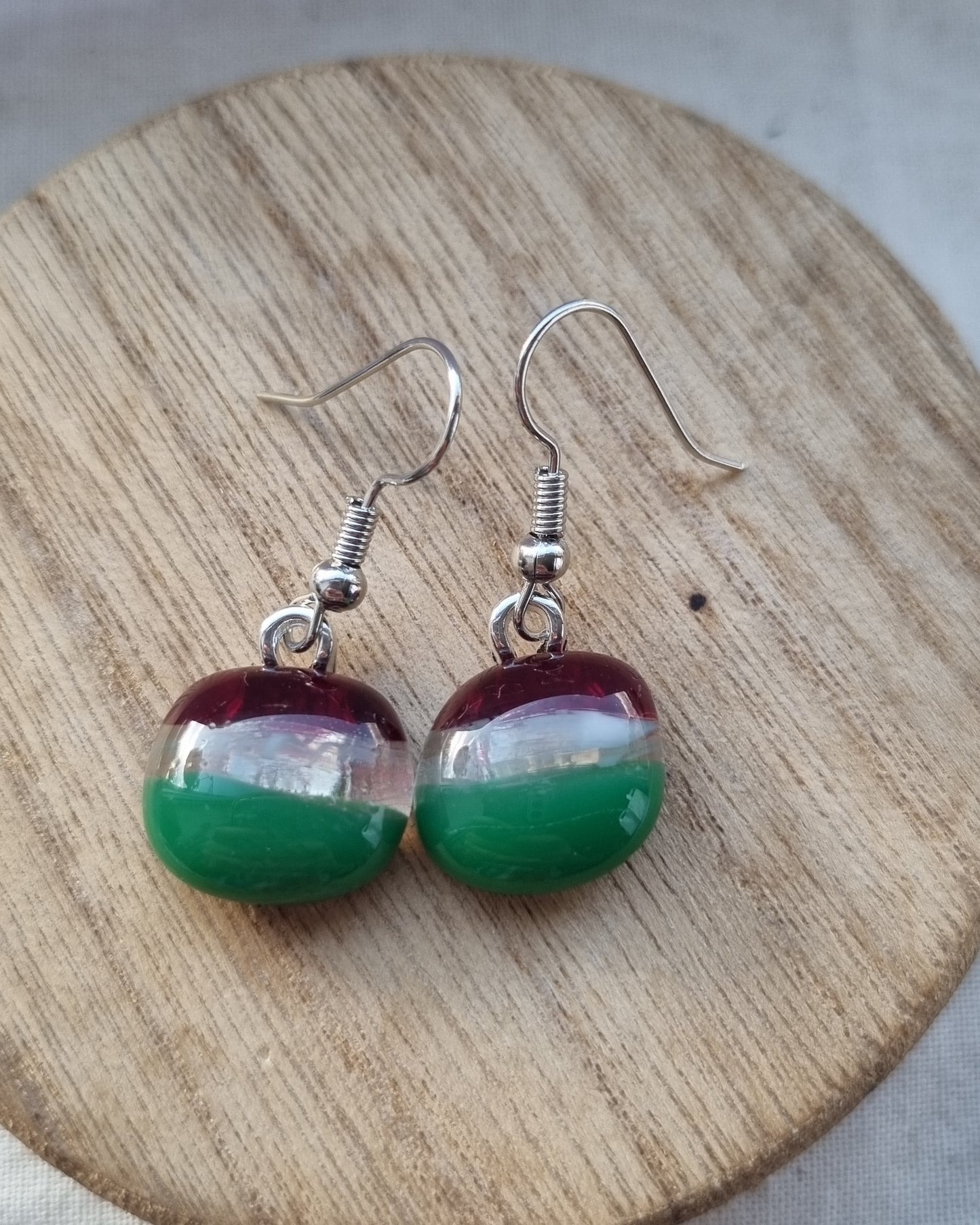 Red and green, handmade glass pebble earrings