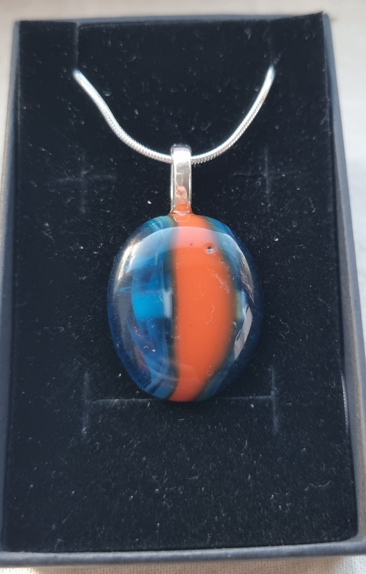 Handmade Blue and orange, glass pebble pendant