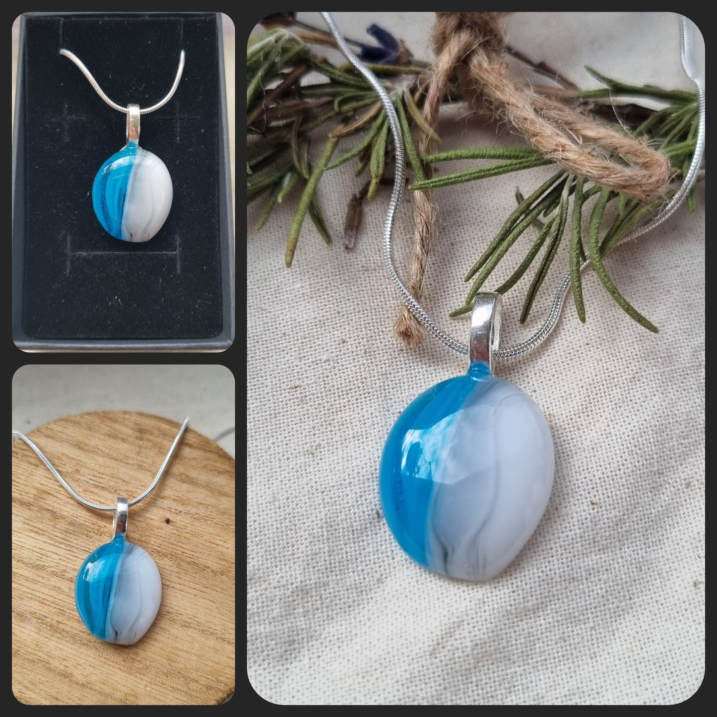 Handmade blue, grey and white glass pebble pendant