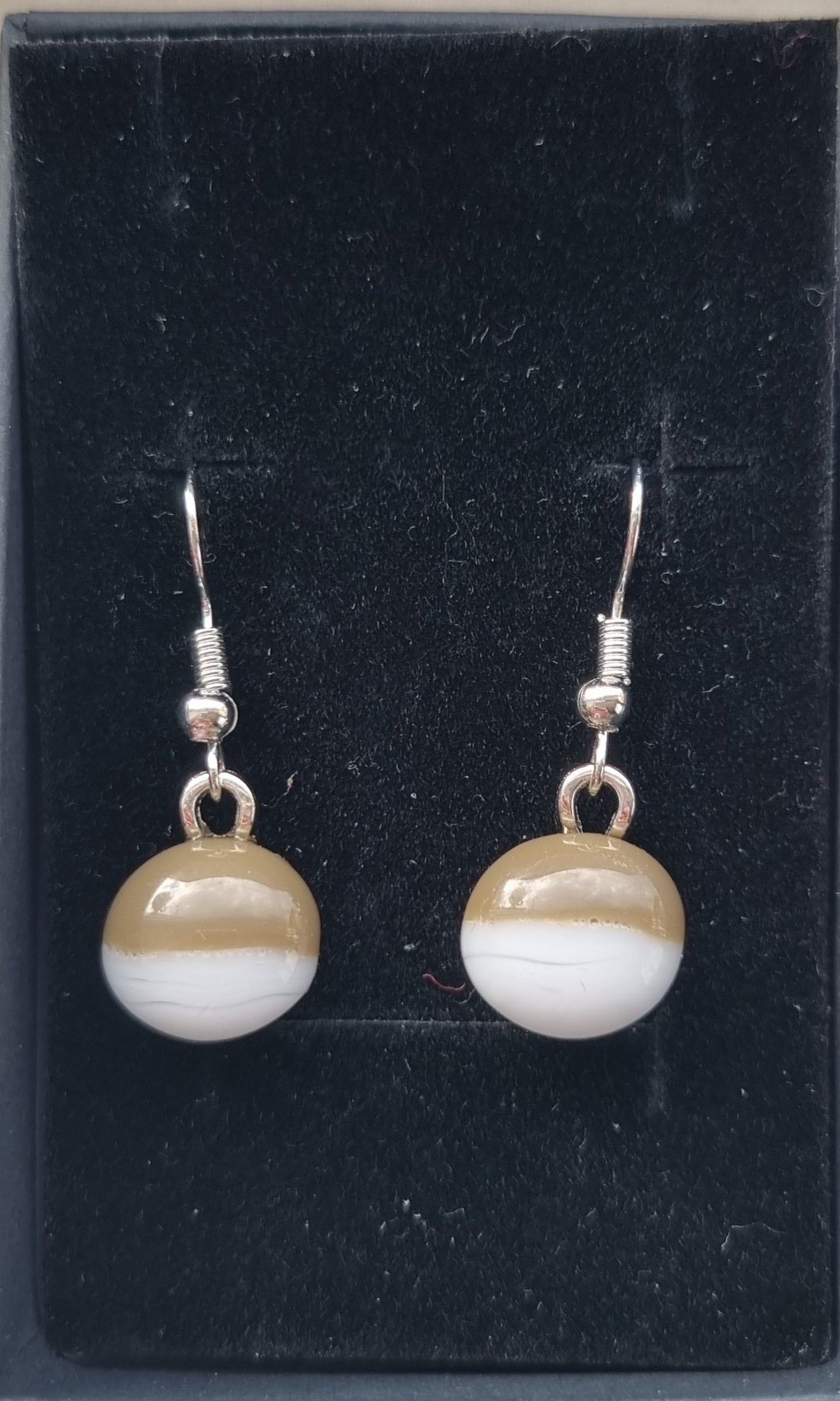 Brown and white, handmade glass pebble earrings