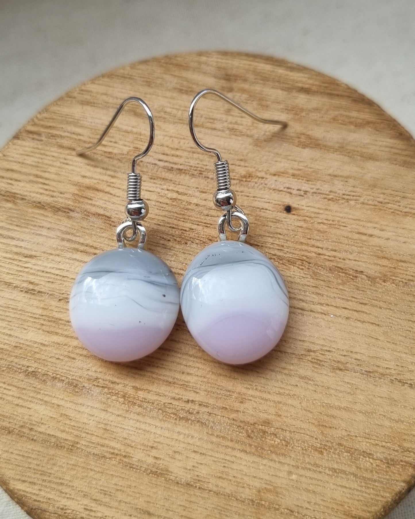 Handmade pink, grey and white glass pebble earrings