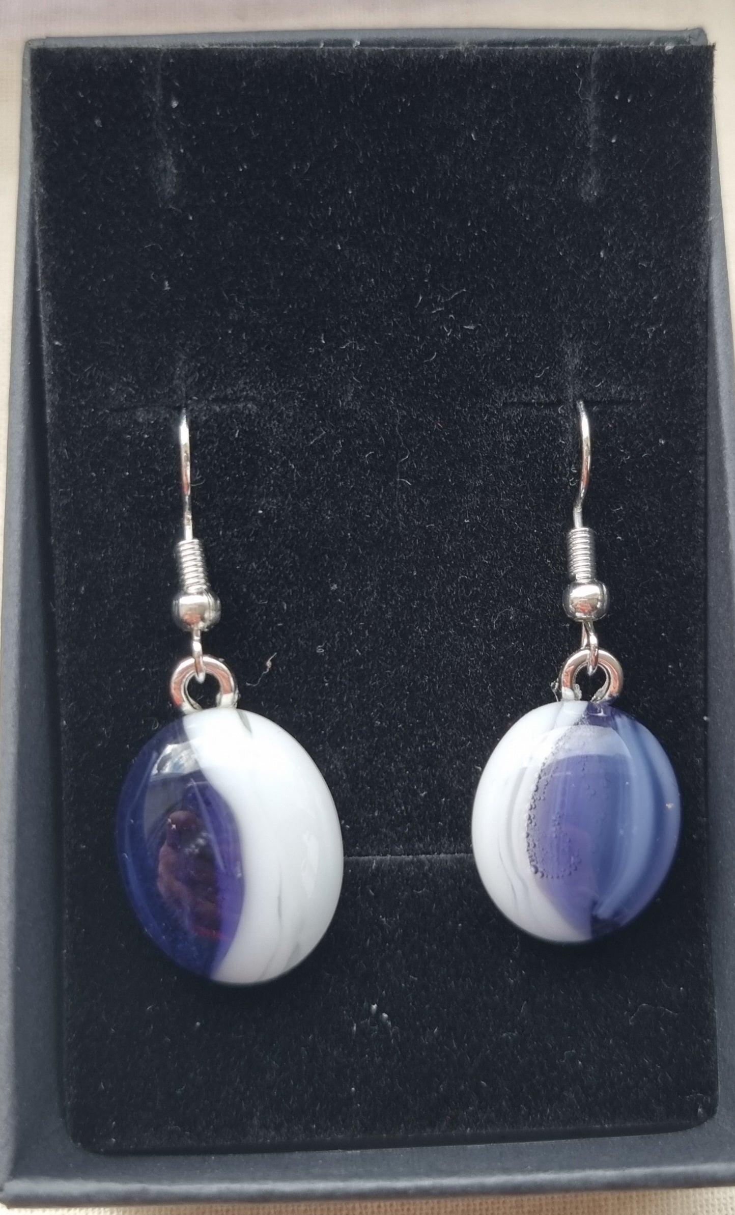 Handmade purple and white glass pebble earrings