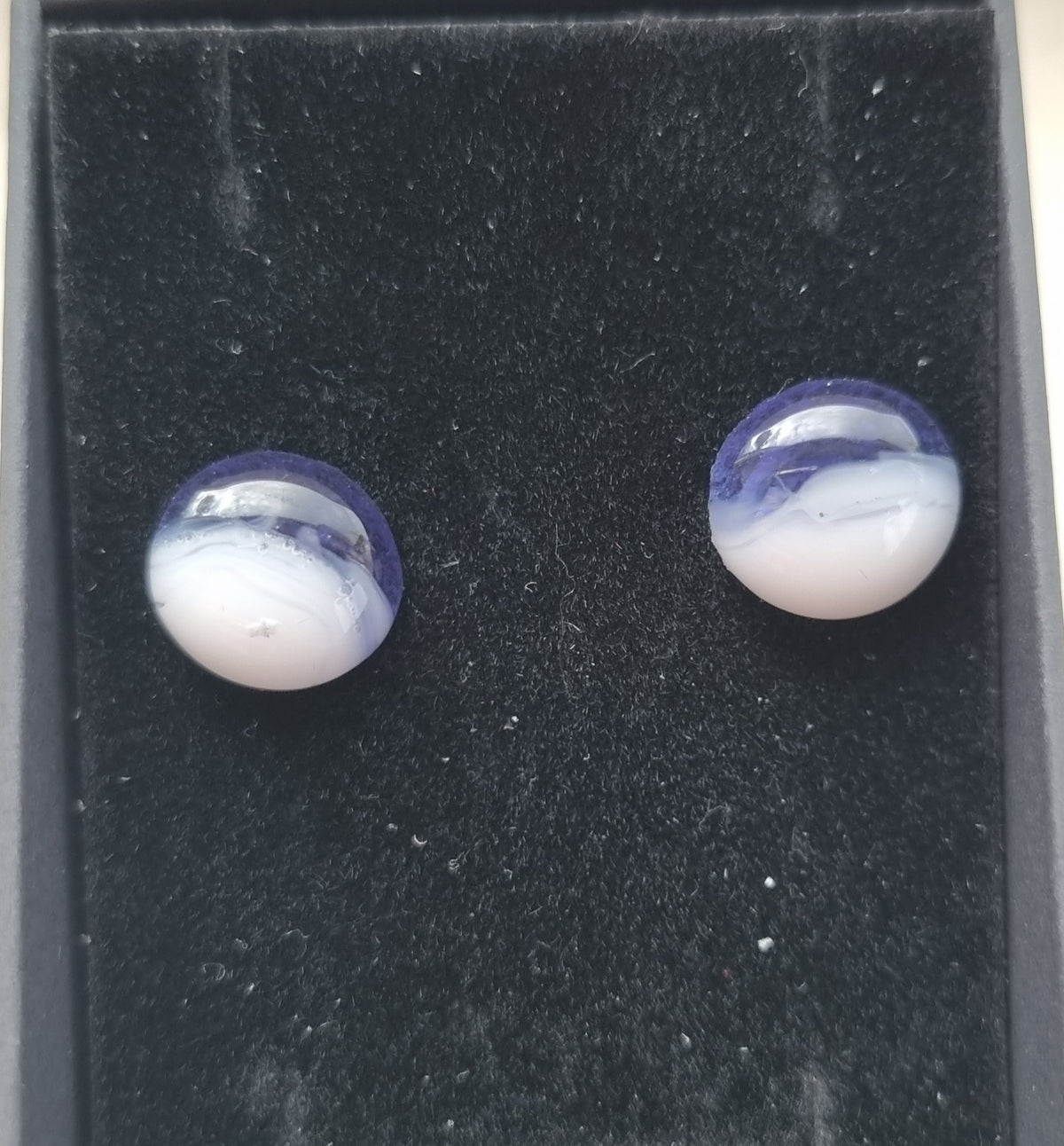 Handmade purple and white glass pebble stud earrings